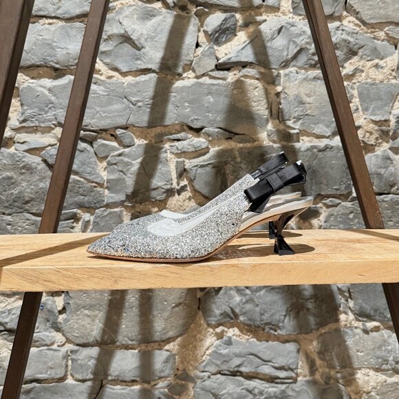 Miu Miu Silver Glitter Slingback Bow Pumps - Picture 6 of 13